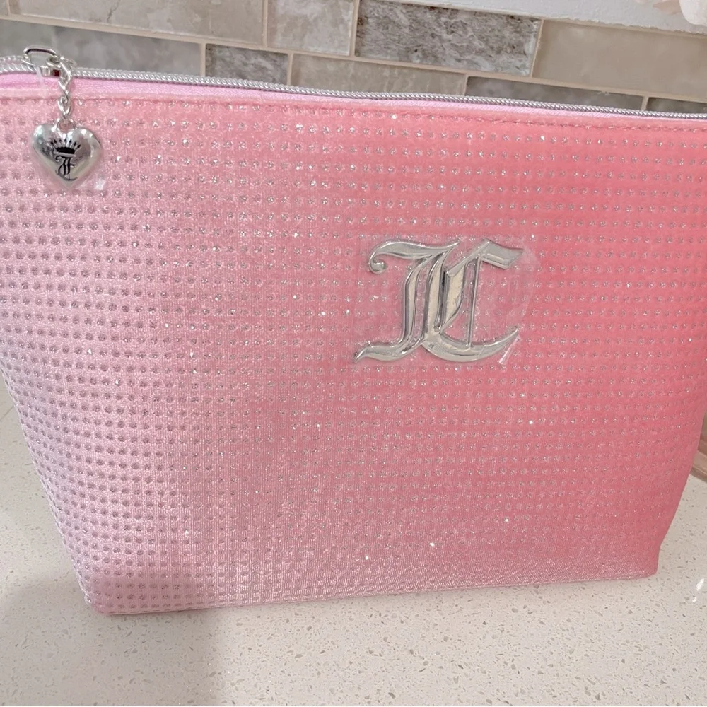NEW‎ Juicy Couture Pink Velour Glitter Makeup Bag Silver JC Monogram Heart Charm